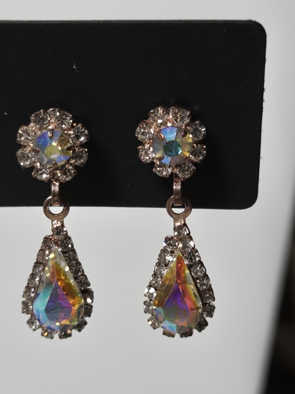Vintage Iridescent AB Crystal Rainbow Color Teardrop Drop Earrings - Picture 7 of 14